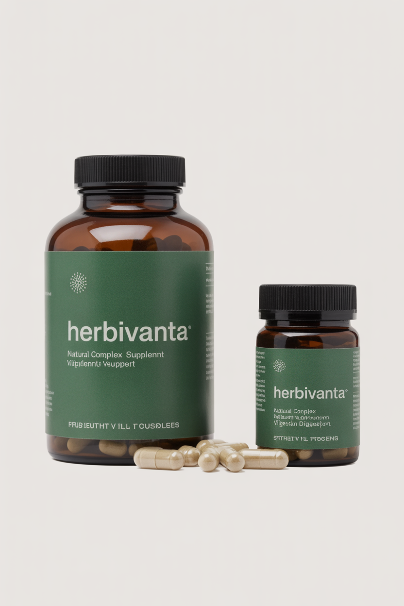 Herbivanta natural complex supplement bottle and capsules for vitality and digestion support
